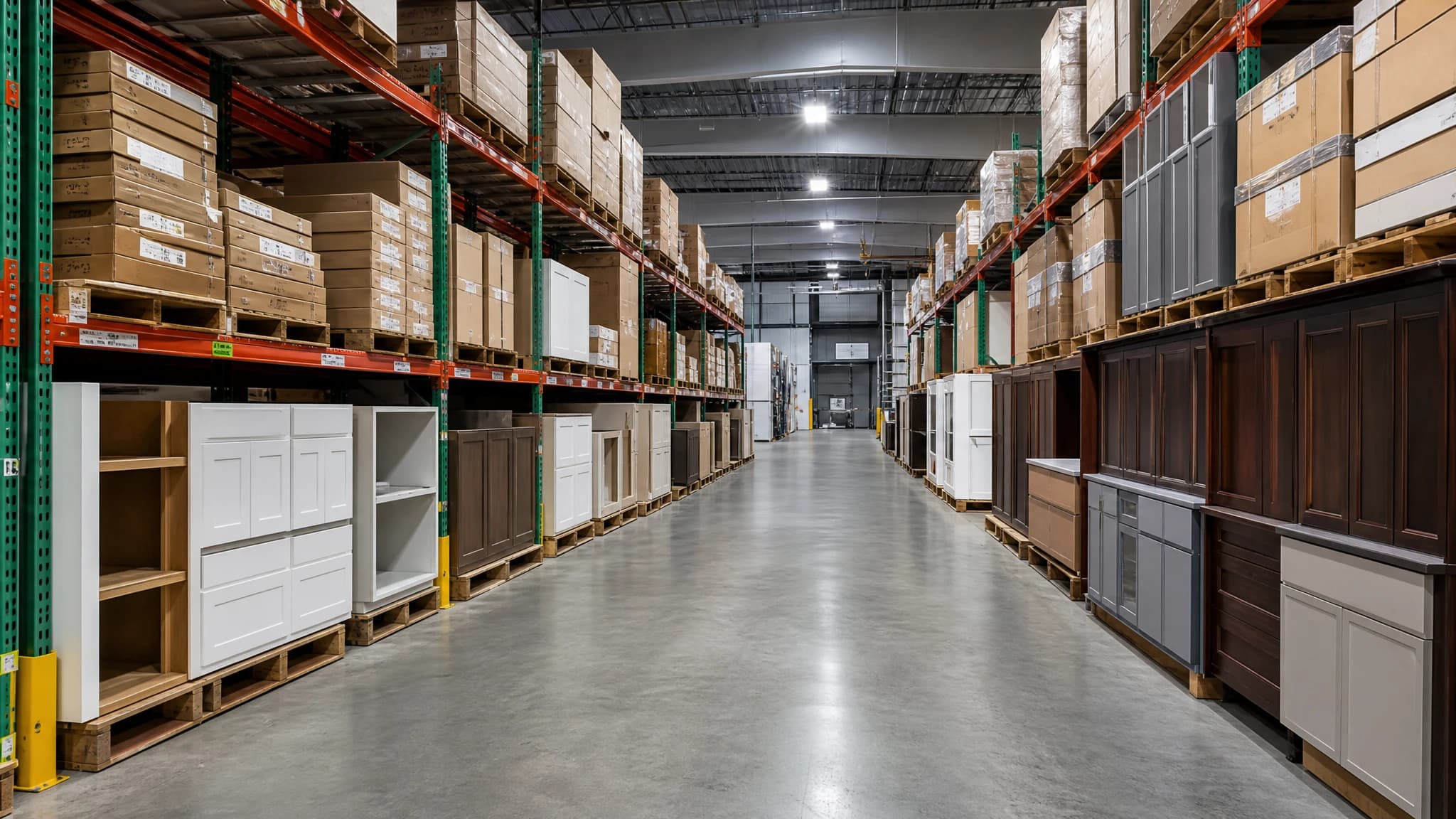 Warehouse aisle lined with pallet racking of boxed cabinets, with white, grey and dark wood cabinet units standing on pallets at floor level