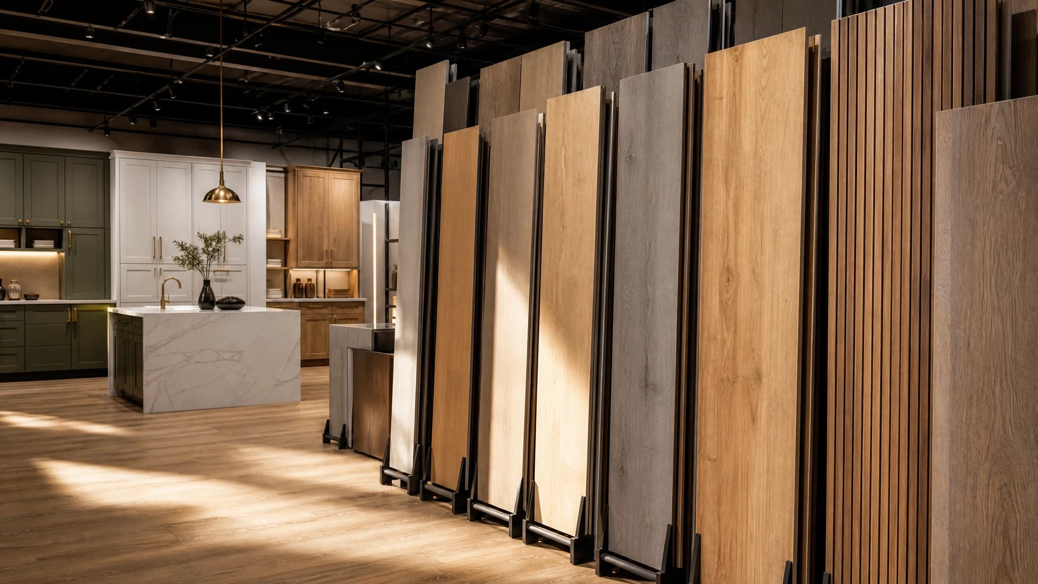 Upright flooring sample panels racked in close rows in oak tones, greys and slat wood, with cabinet displays beyond