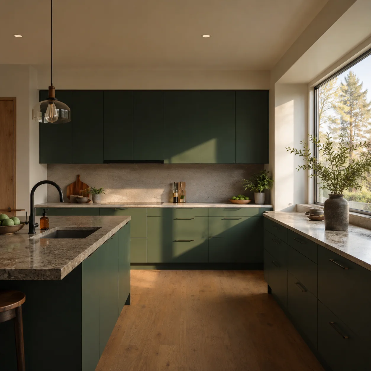 Kitchen scene in the Forest Green finish