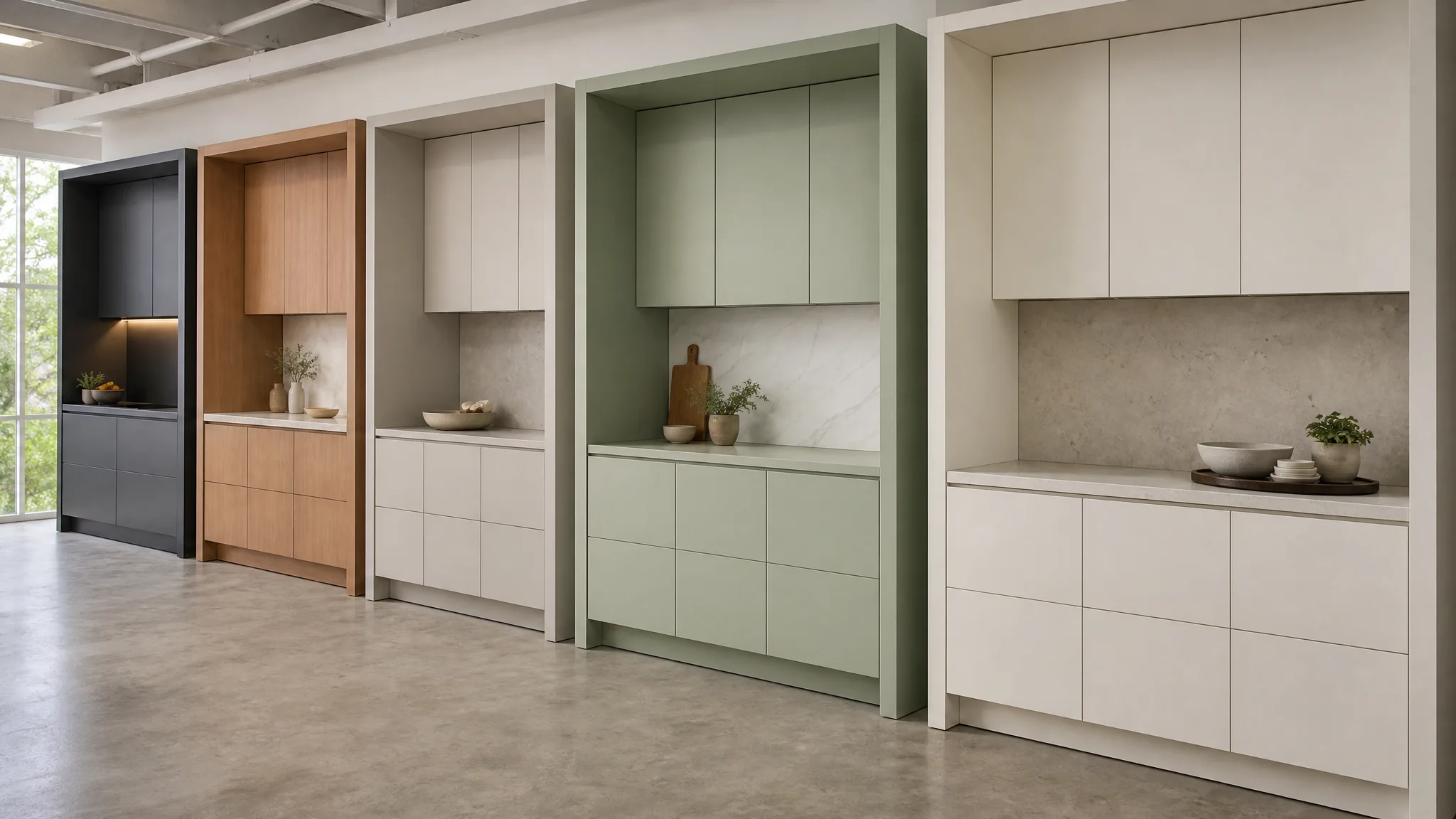 Slab cabinet displays on the showroom floor