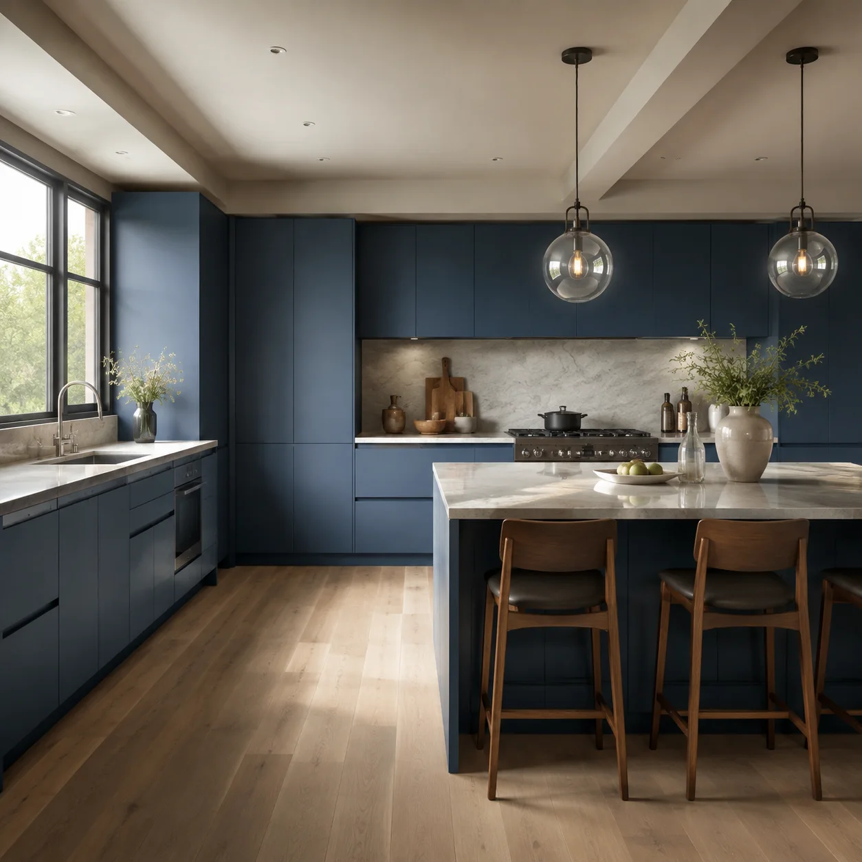 Kitchen scene in the Ocean Blue finish